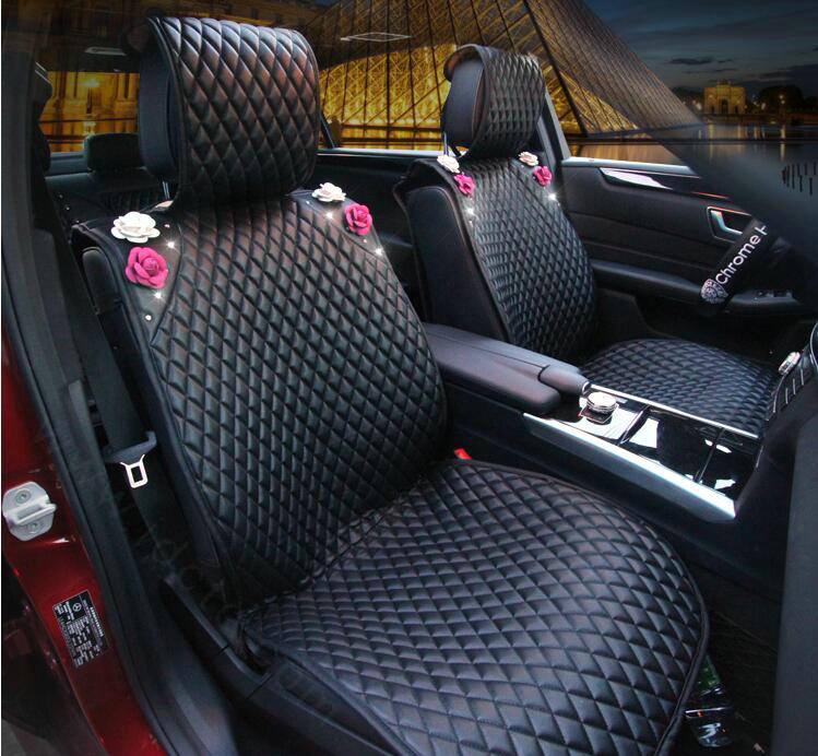 Crystal Camellia Leather Car Seat Cushion Universal Women Auto Seat Covers 10pcs Sets - Black