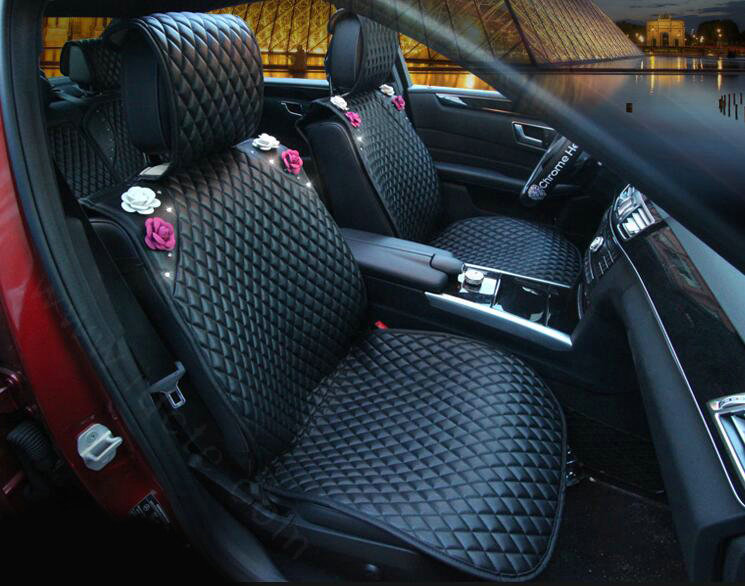 Crystal Camellia Leather Car Seat Cushion Universal Women Auto Seat Covers 10pcs Sets - Black