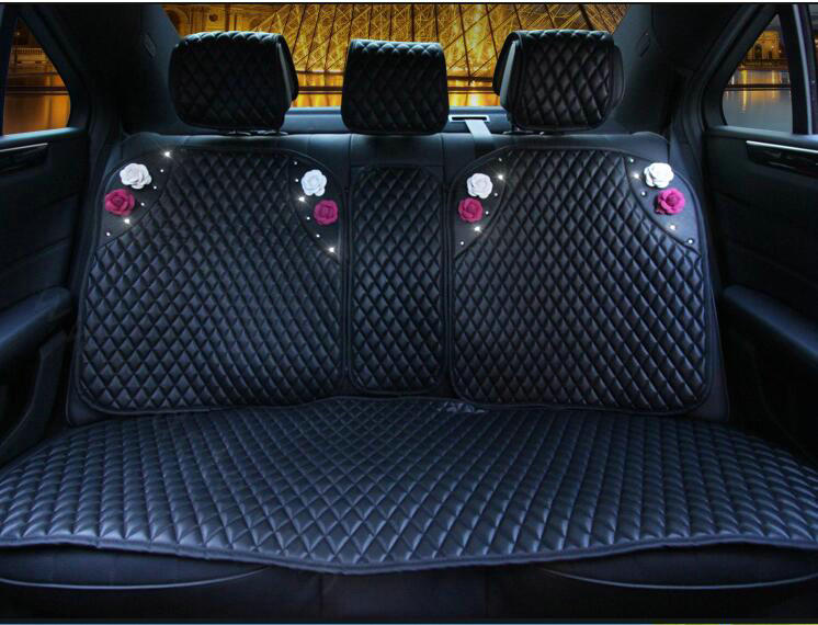 Crystal Camellia Leather Car Seat Cushion Universal Women Auto Seat Covers 10pcs Sets - Black
