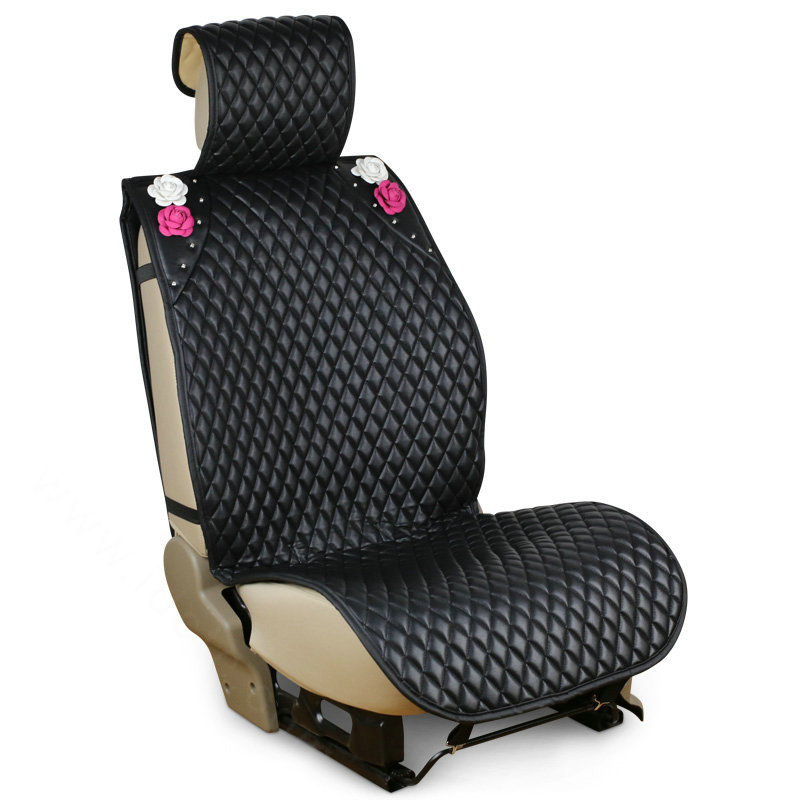 Crystal Camellia Leather Car Seat Cushion Universal Women Auto Seat Covers 10pcs Sets - Black