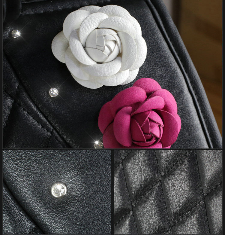 Crystal Camellia Leather Car Seat Cushion Universal Women Auto Seat Covers 10pcs Sets - Black