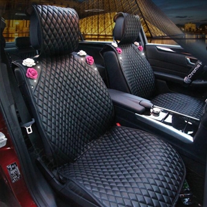 Crystal Camellia Leather Car Seat Cushion Universal Women Auto Seat Covers 10pcs Sets - Black