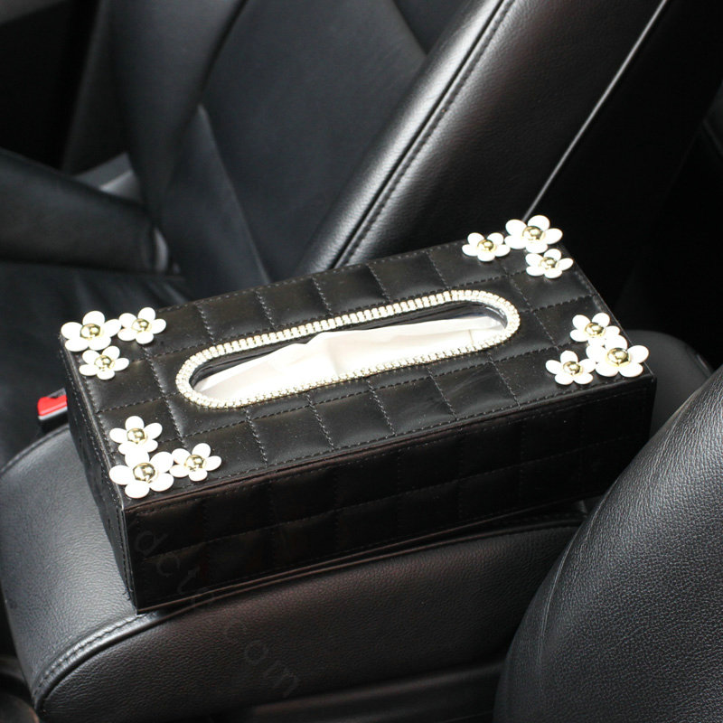 Crystal Daisy Flower Leather Car Tissue Paper Box Holder Case Interior Accessories - Black