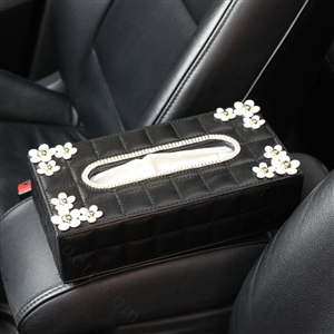 Crystal Daisy Flower Leather Car Tissue Paper Box Holder Case Interior Accessories - Black