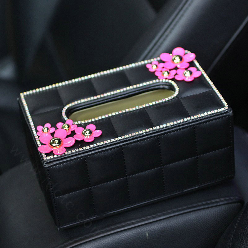 Crystal Daisy Flower Leather Small Car Tissue Paper Box Holder Case Interior Accessories - Black Rose