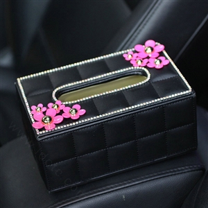 Crystal Daisy Flower Leather Small Car Tissue Paper Box Holder Case Interior Accessories - Black Rose