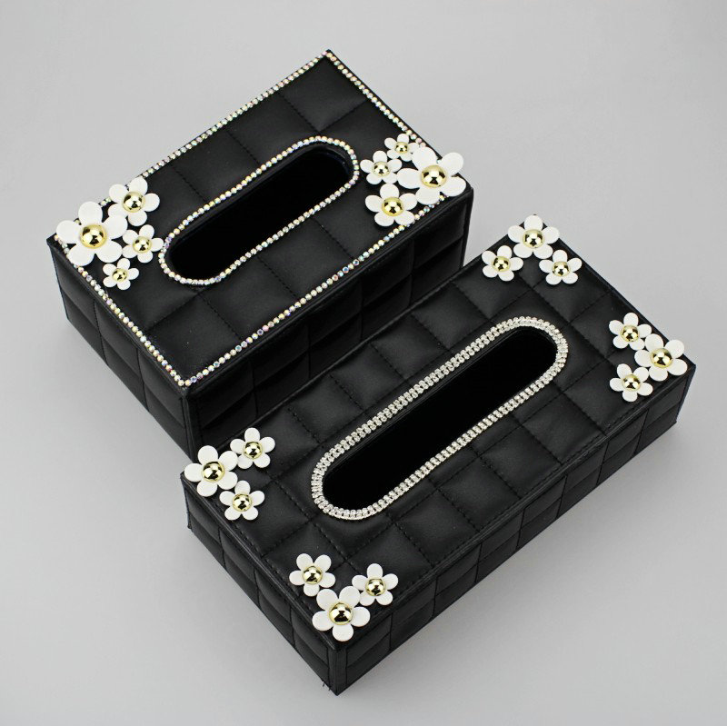 Crystal Daisy Flower Leather Small Car Tissue Paper Box Holder Case Interior Accessories - Black