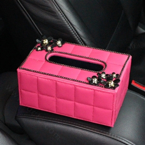Crystal Daisy Flower Leather Small Car Tissue Paper Box Holder Case Interior Accessories - Rose
