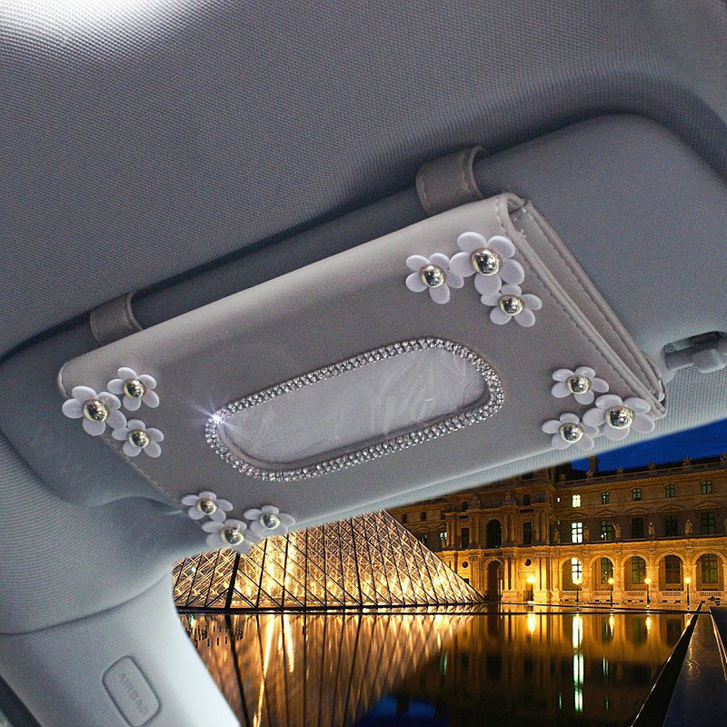 Crystal Flower Leather Car Tissue Box Holder Case Hanging Auto Sun Visor Tissue Bag - Beige