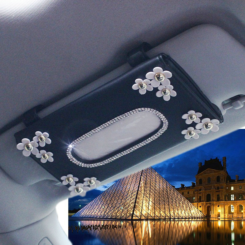Crystal Flower Leather Car Tissue Box Holder Case Hanging Auto Sun Visor Tissue Bag - Black