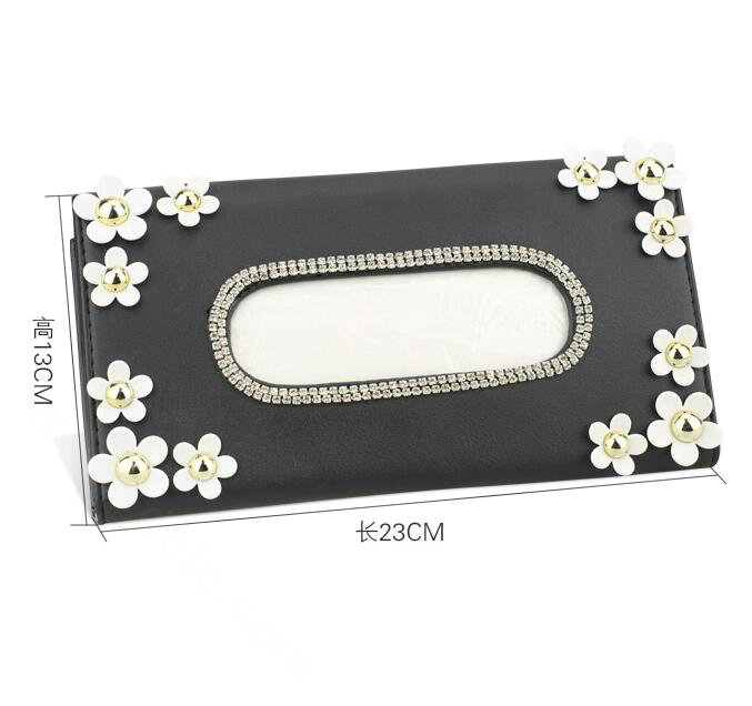 Crystal Flower Leather Car Tissue Box Holder Case Hanging Auto Sun Visor Tissue Bag - Black