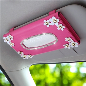 Crystal Flower Leather Car Tissue Box Holder Case Hanging Auto Sun Visor Tissue Bag - Rose
