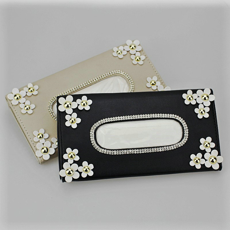 Crystal Flower Leather Car Tissue Paper Box Holder Case Vehicle Interior Accessories - Black
