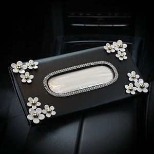 Crystal Flower Leather Car Tissue Paper Box Holder Case Vehicle Interior Accessories - Black