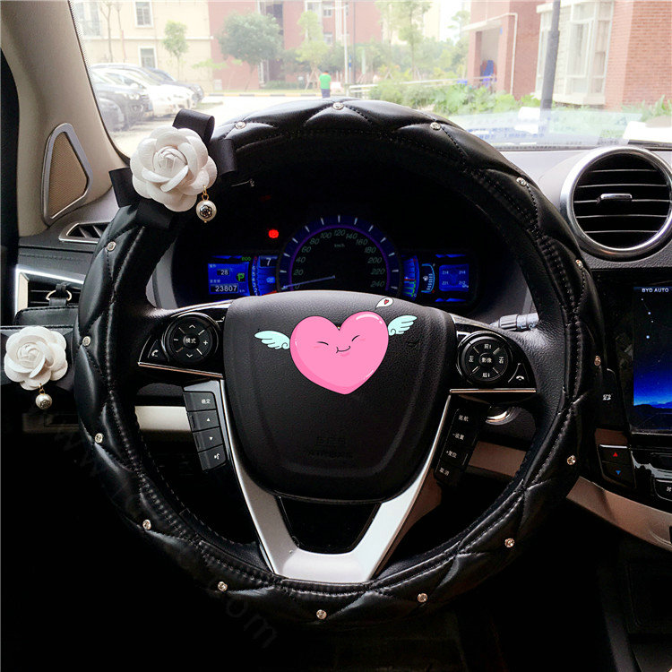 Crystal Flower Pu Leather Vehicle Steering Wheel Covers 15 inch 38CM - Black White