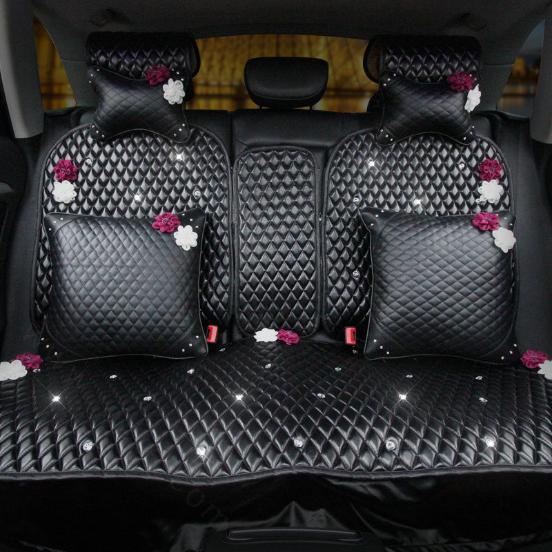 Crystal Flowers Leather Car Seat Cushion Universal Female Auto Seat Covers 10pcs Sets - Black