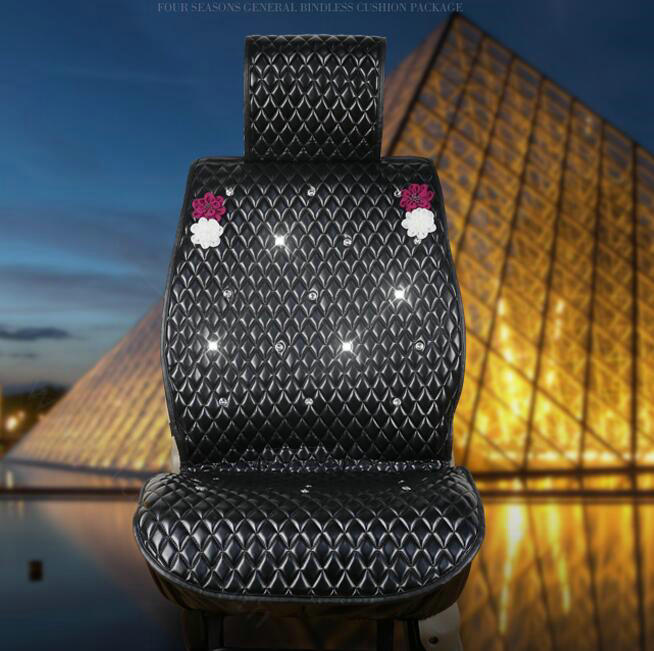 Crystal Flowers Leather Car Seat Cushion Universal Female Auto Seat Covers 10pcs Sets - Black