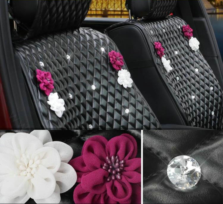 Crystal Flowers Leather Car Seat Cushion Universal Female Auto Seat Covers 10pcs Sets - Black