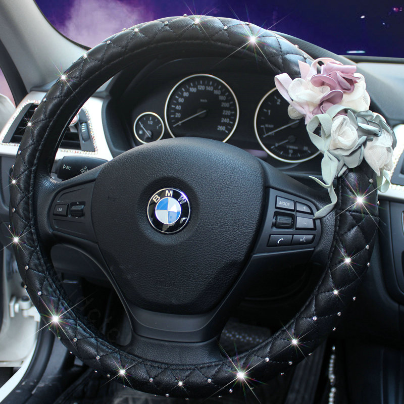 Crystal Lace Flower Pu Leather Vehicle Steering Wheel Covers 15 inch 38CM - Black