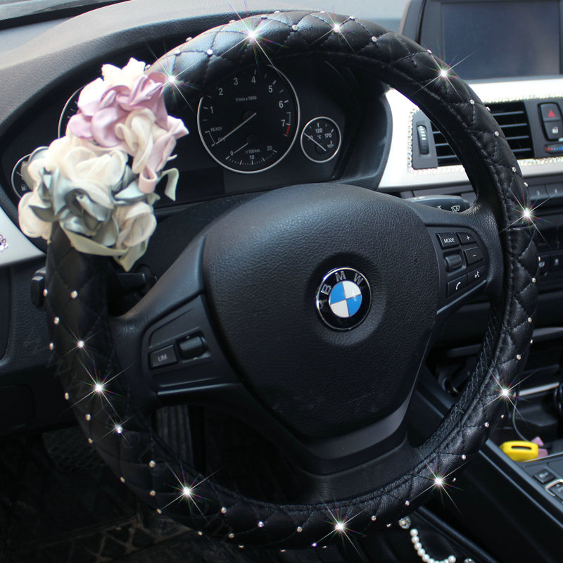 Crystal Lace Flower Pu Leather Vehicle Steering Wheel Covers 15 inch 38CM - Black