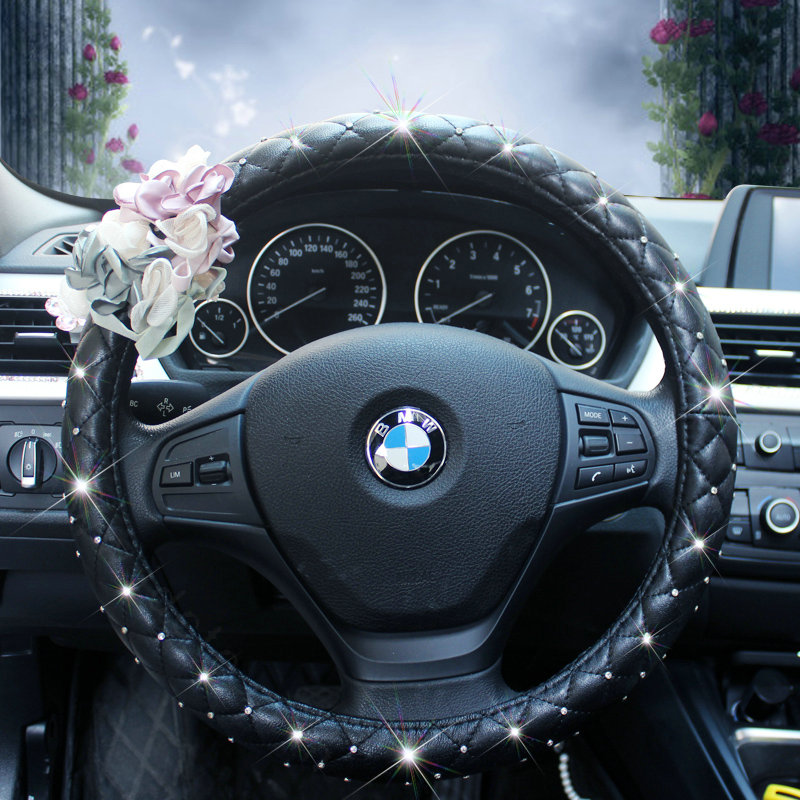 Crystal Lace Flower Pu Leather Vehicle Steering Wheel Covers 15 inch 38CM - Black