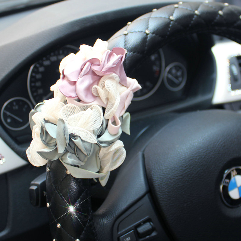 Crystal Lace Flower Pu Leather Vehicle Steering Wheel Covers 15 inch 38CM - Black