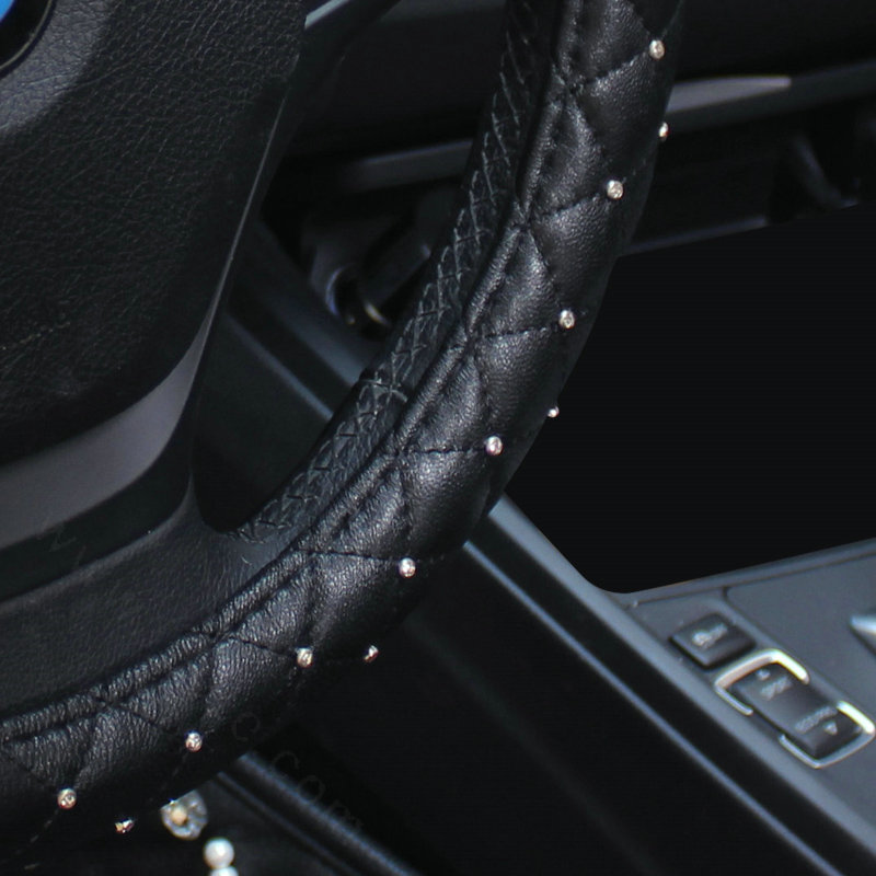 Crystal Lace Flower Pu Leather Vehicle Steering Wheel Covers 15 inch 38CM - Black