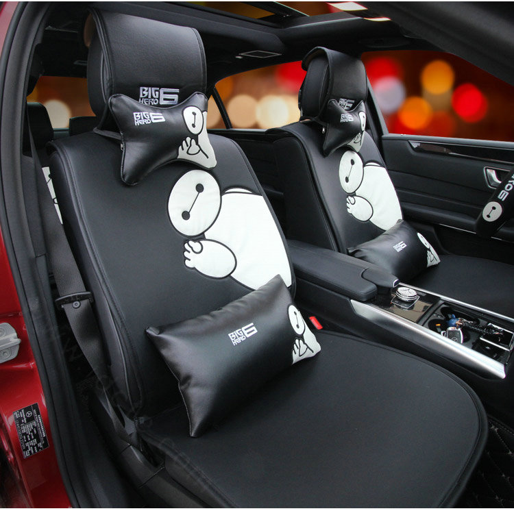 Cute Embroidery Car Neck Pillows Headrest PU Leather Auto Inerior Decoration 1pcs - Black