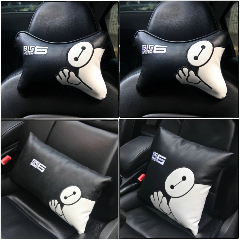 Cute Embroidery Car Neck Pillows Headrest PU Leather Auto Inerior Decoration 1pcs - Black