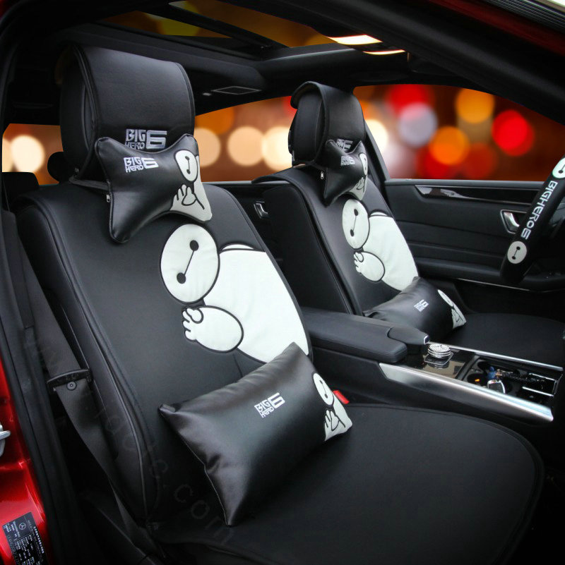 Cute Embroidery Car Seat Waist Pillows Women PU Leather Auto Interior Accessories 1pcs - Black