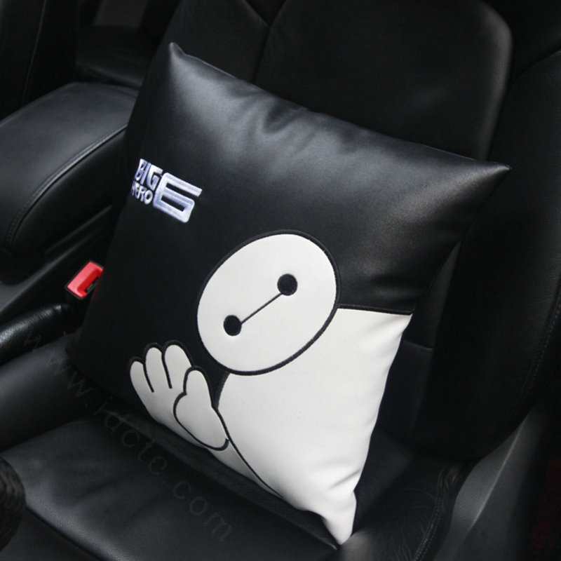Cute Embroidery Car Seat Waist Pillows Women PU Leather Auto Square Cushions 1pcs - Black