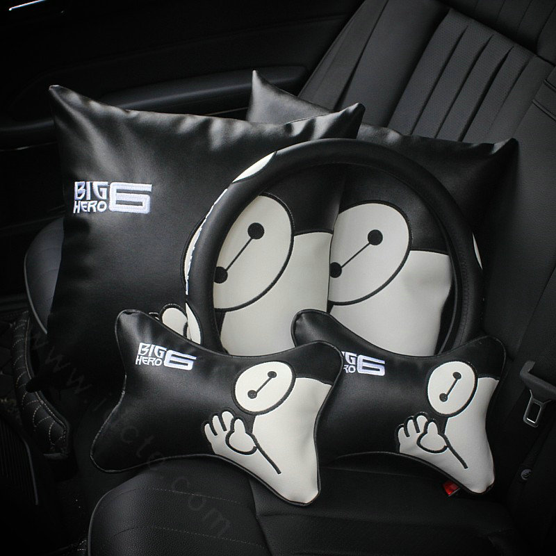 Cute Embroidery Car Seat Waist Pillows Women PU Leather Auto Square Cushions 1pcs - Black