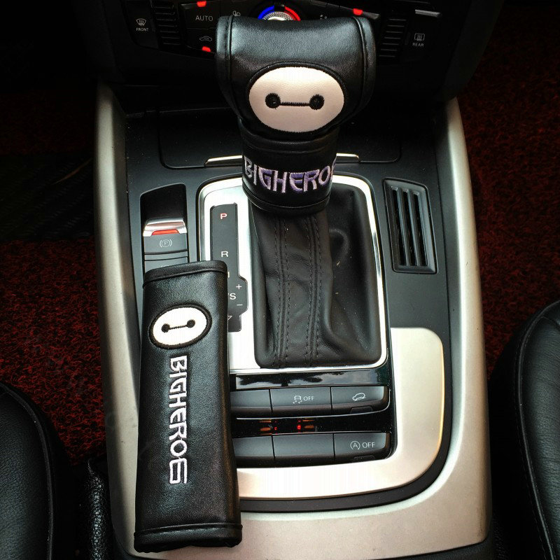 Cute Embroidery Leather Car Safety Seat Belt Cover Handbrake and Gear Cover 4pcs Sets - Black