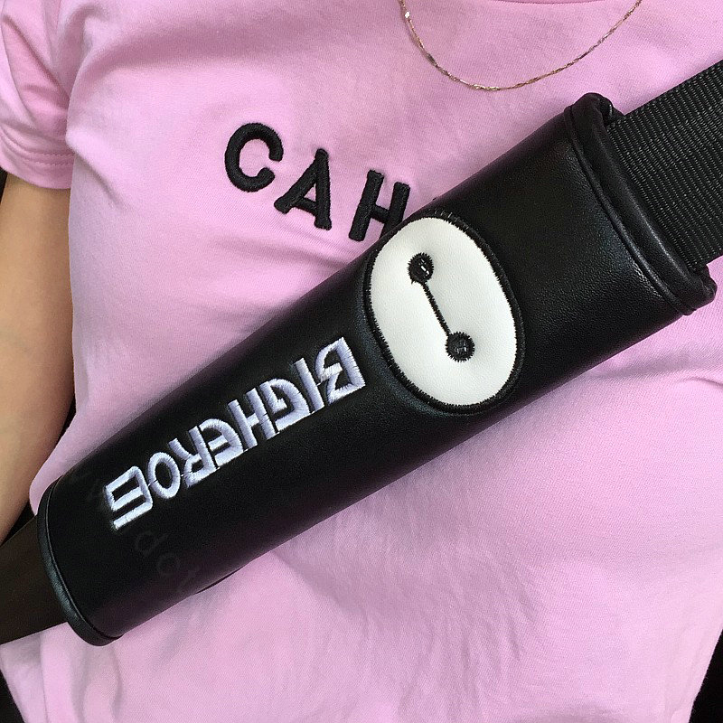 Cute Embroidery Leather Car Safety Seat Belt Cover Handbrake and Gear Cover 4pcs Sets - Black