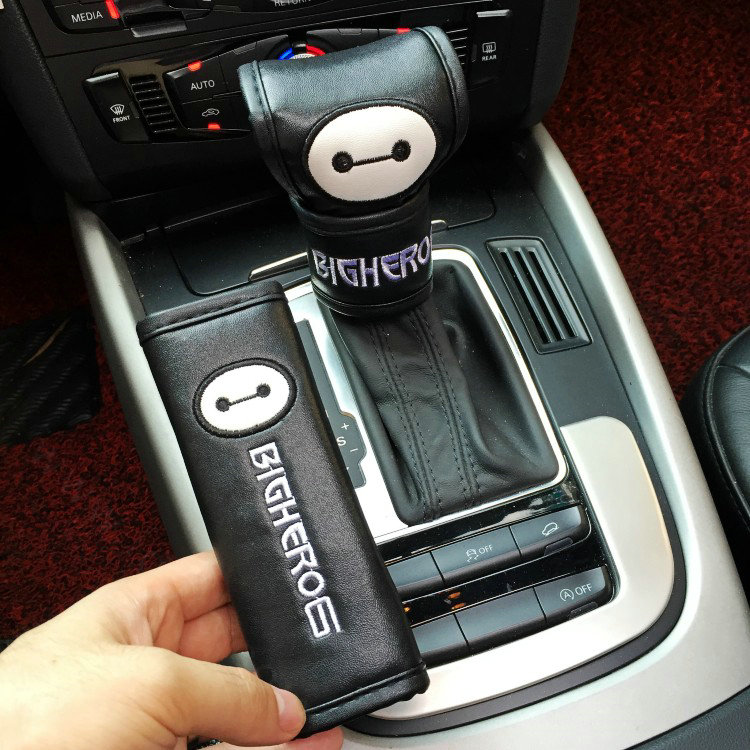 Cute Embroidery Leather Car Safety Seat Belt Cover Handbrake and Gear Cover 4pcs Sets - Black