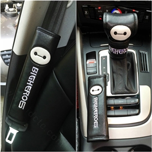 Cute Embroidery Leather Car Safety Seat Belt Cover Handbrake and Gear Cover 4pcs Sets - Black