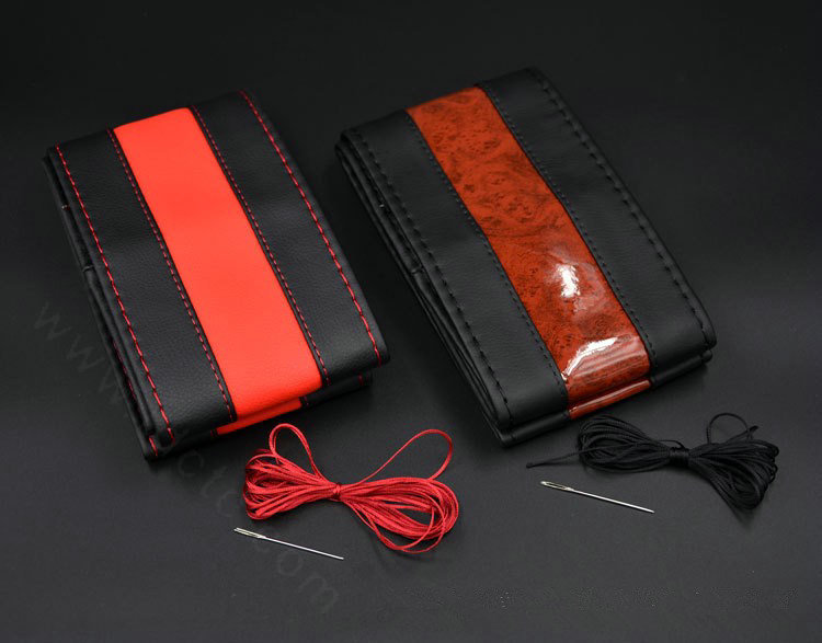 DIY Hand-stitched Car Steering Wheel Cover Pattern Wodden Leather Braid 36CM/38CM/40CM - Red Black