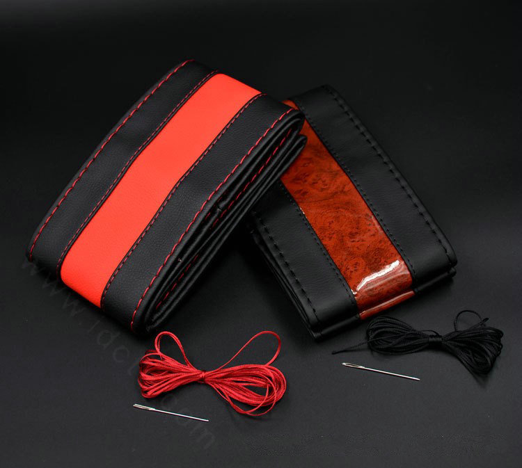 DIY Hand-stitched Car Steering Wheel Cover Wodden Leather Braid 36CM/38CM/40CM - Red Black