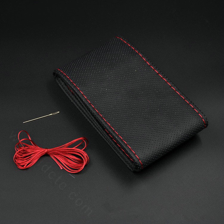 DIY Hand-stitched Genuine Braid Leather Car Steering Wheel Cover 36CM/38CM/40CM - Black Red