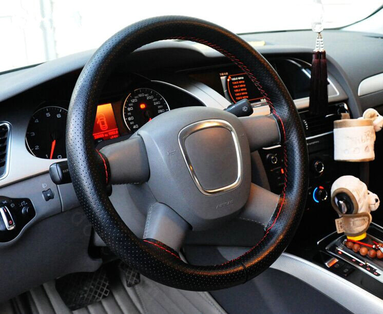 DIY Hand-stitched Genuine Braid Leather Car Steering Wheel Cover 36CM/38CM/40CM - Black Red