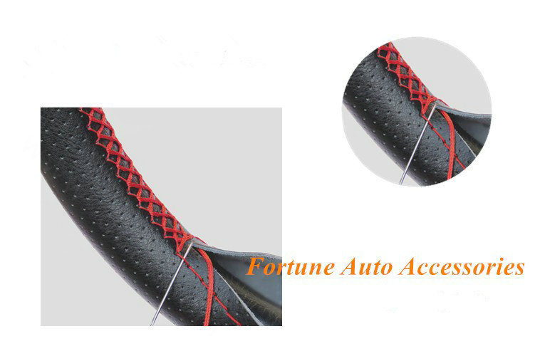 DIY Hand-stitched Genuine Braid Leather Car Steering Wheel Cover 36CM/38CM/40CM - Black Red