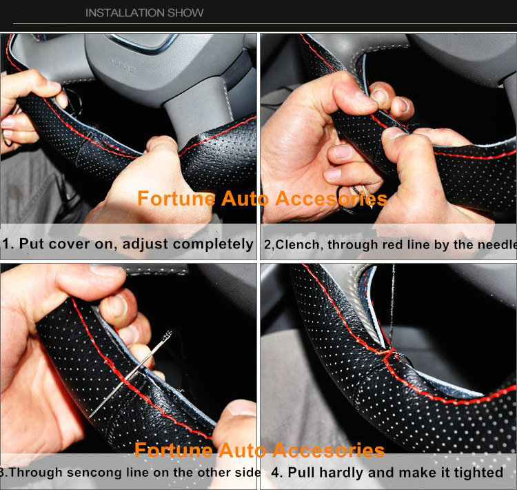 DIY Hand-stitched Genuine Braid Leather Car Steering Wheel Cover 36CM/38CM/40CM - Black