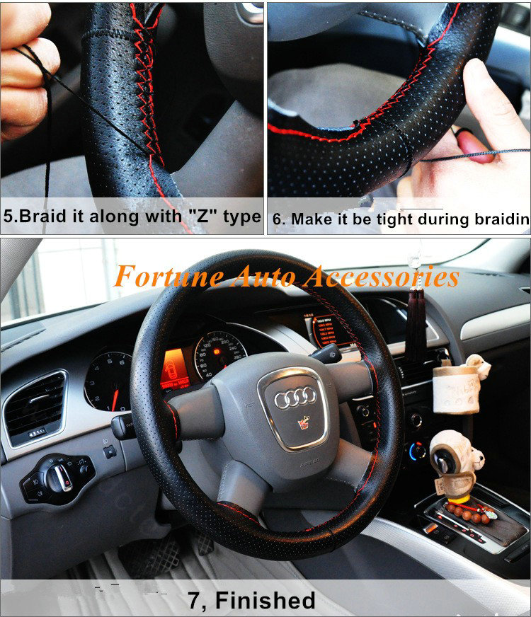 DIY Hand-stitched Genuine Braid Leather Car Steering Wheel Cover 36CM/38CM/40CM - Black