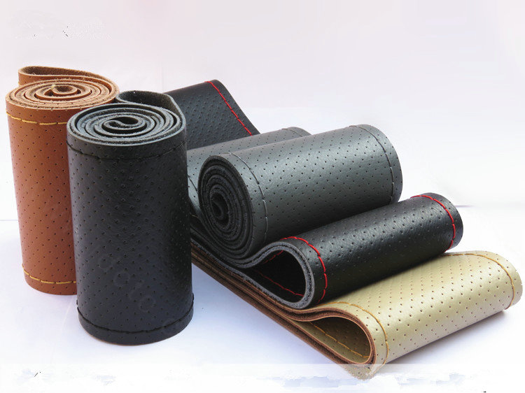 DIY Hand-stitched Genuine Braid Leather Car Steering Wheel Cover 36CM/38CM/40CM - Brown