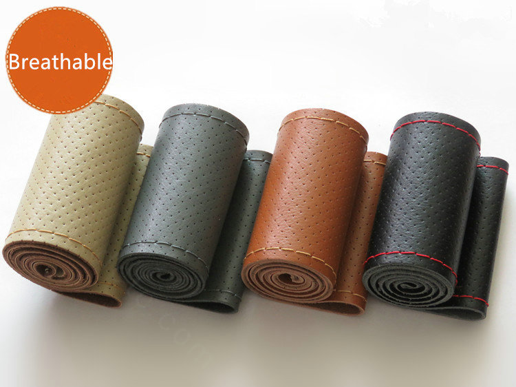 DIY Hand-stitched Genuine Braid Leather Car Steering Wheel Cover 36CM/38CM/40CM - Brown