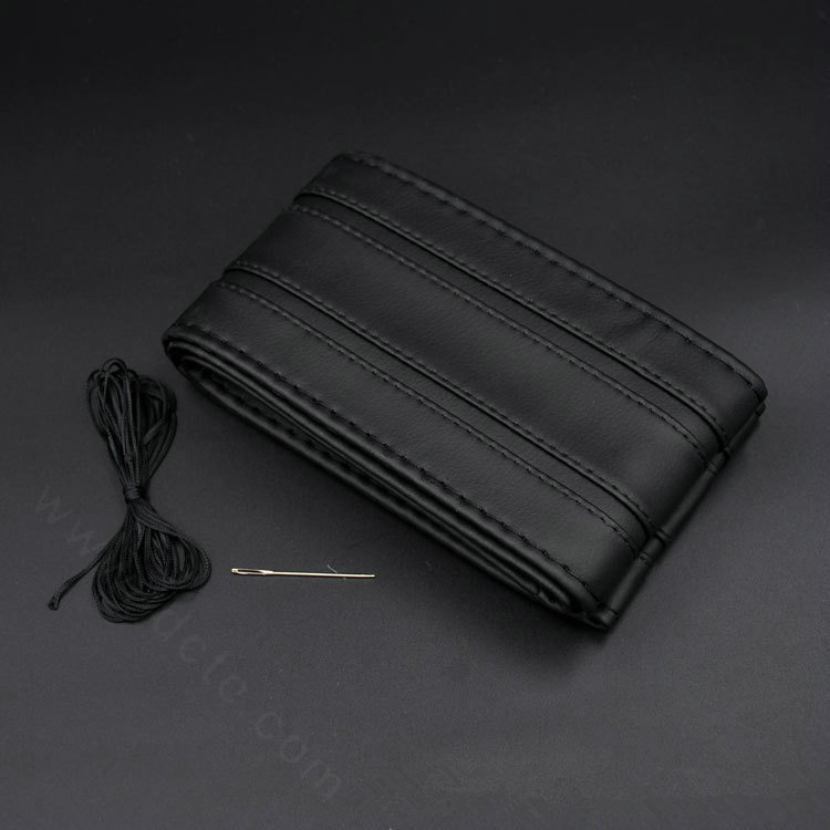 DIY Stripe Car Steering Wheel Cover Braid Leather Hand-Stitched With Needles and Thread - Black