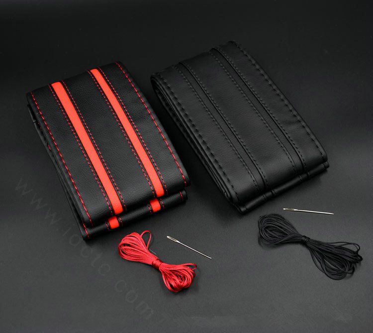 DIY Stripe Car Steering Wheel Cover Braid Leather Hand-Stitched With Needles and Thread - Black