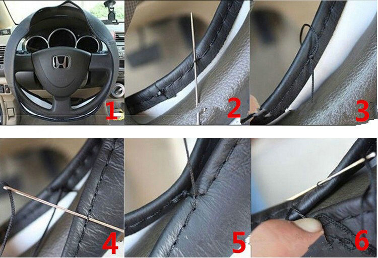 DIY Stripe Car Steering Wheel Cover Braid Leather Hand-Stitched With Needles and Thread - Black