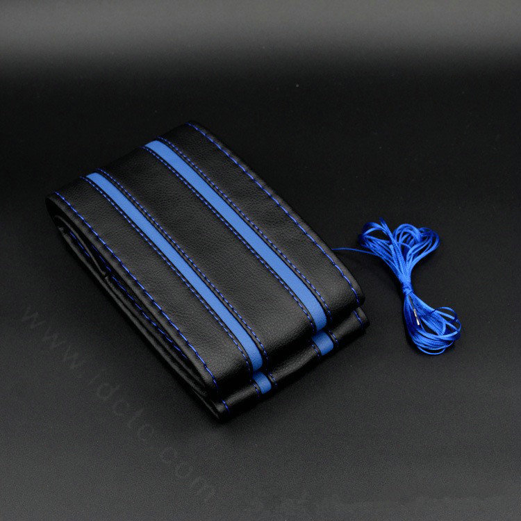 DIY Stripe Car Steering Wheel Cover Braid Leather Hand-Stitched With Needles and Thread - Blue