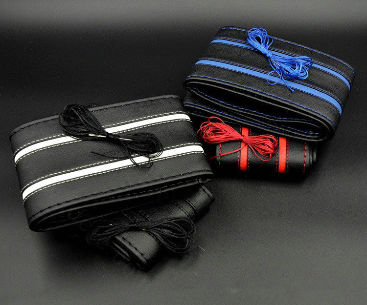 DIY Stripe Car Steering Wheel Cover Braid Leather Hand-Stitched With Needles and Thread - Blue